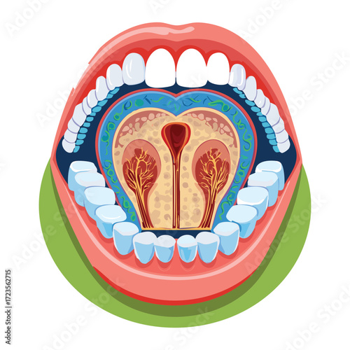 An overhead anatomical view of the open mouth, focusing on the tonsils, uvula, and the back of the throat, with simplified color-coded structures	