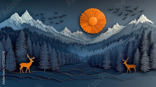 3D golden forest wallpaper with deer and birds in paper - cut style on dark blue, luxury wall art for home
