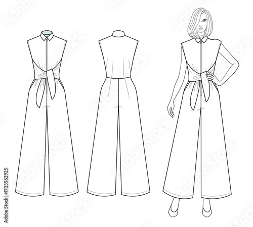 Fashion technical drawing flat sketch template belted sleeveless jumpsuit with croquis figurine model in vector.