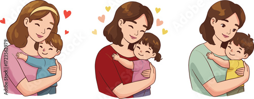 Cartoon women lovingly embracing children, emotional family illustration, cheerful parenting scene, affectionate character design, caring relationship concept, maternal bonding theme