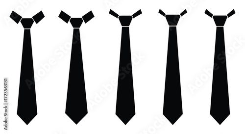 Five black neckties displayed in a simple minimalist arrangement silhouette