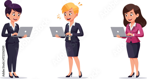 Professional businesswomen working on laptops, confident female entrepreneurs in office attire, teamwork, technology, career success, modern workplace, leadership, digital collaboration