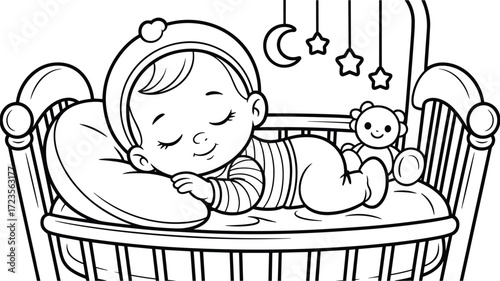 Sleeping baby in crib line art, peaceful infant illustration, nursery decor design, black and white drawing, bedtime scene, parenting and childcare theme