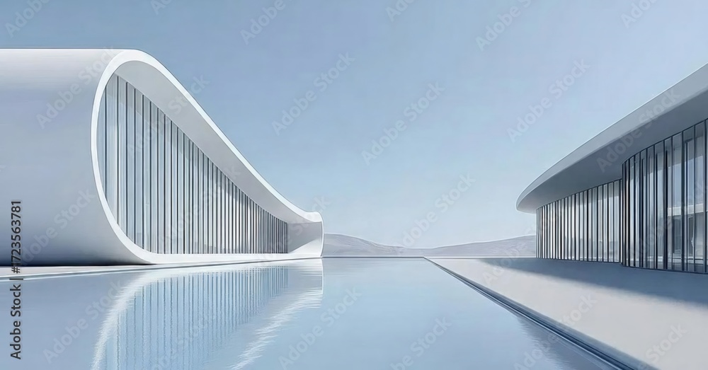 Fototapeta premium モダン建築の水の反射とミニマルな白い建造物