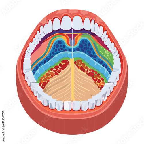 A clear anatomical diagram of the oral cavity, showing the placement of the tongue, the palatal arches, and the uvula with distinct color-coded sections for easy identification	