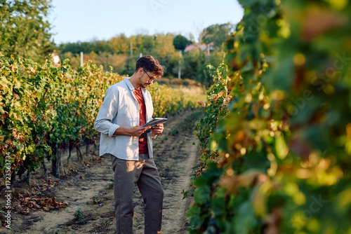 Photos Man holding a tablet, inspecting grapevine in a sunny vineyard, representing sma