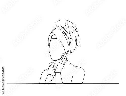 Continuous line art drawing of pretty girl with bare shoulders and towel on head. Girl with towel on head in single line art drawing vector illustration. Editable stroke.