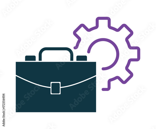 Business management icon with a briefcase and a gear. A symbol for corporate services, project management, and operational workflow.