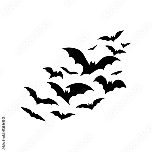 Flying bat silhouettes swarm on white background-Group of black bat silhouettes in flight, symbolizing Halloween, spooky night skies, gothic themes, and mysterious wildlife movement.
