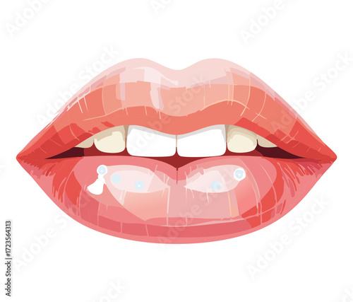 Close-up of a pair of attractive glossy human lips with a subtle smile, showing healthy white teeth and moist pink lip texture for beauty and cosmetic themes	
