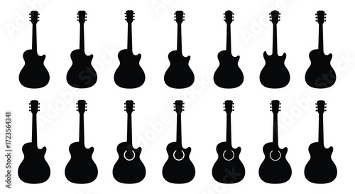 Collection of electric guitars in stark black and white silhouette