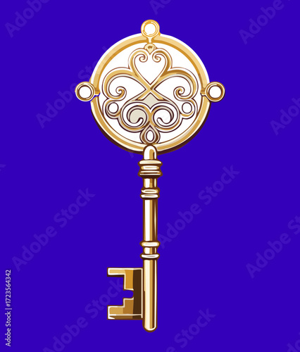 Golden ornate decorative key, a classic object for themes of luxury, wealth, and exclusive access