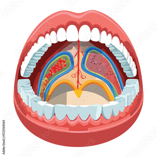 A detailed cross-section illustration of the open human mouth, revealing the complex internal anatomy of the oral cavity, including the tonsils and pharynx	