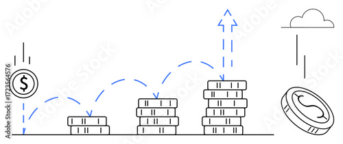 Stacks of coins gradually increasing in height paired with upward arrows. Ideal for finance, investment, growth, planning, profit, savings, and economic analysis. Clean and simple flat metaphor