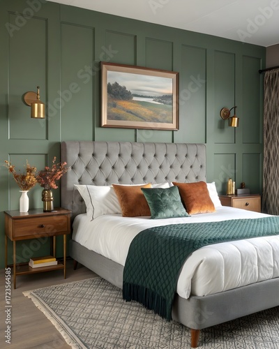 Modern Cozy Bedroom Interior with Green Accent Wall, Stylish Furniture and Elegant Decor