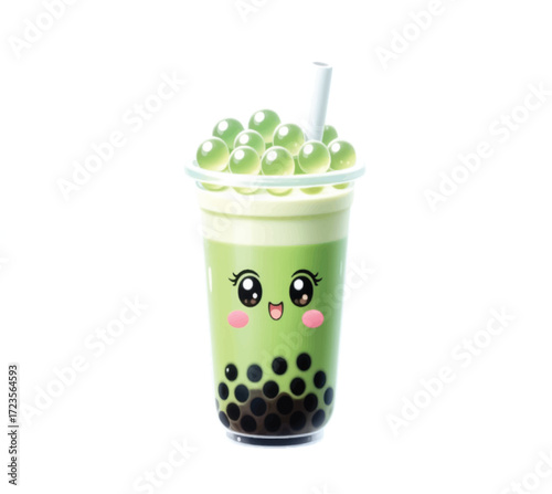 Kawaii matcha boba tea with tapioca pearls and a cute smiling face makes for a refreshing and trendy treat, perfect for summer menus and foodie promotions