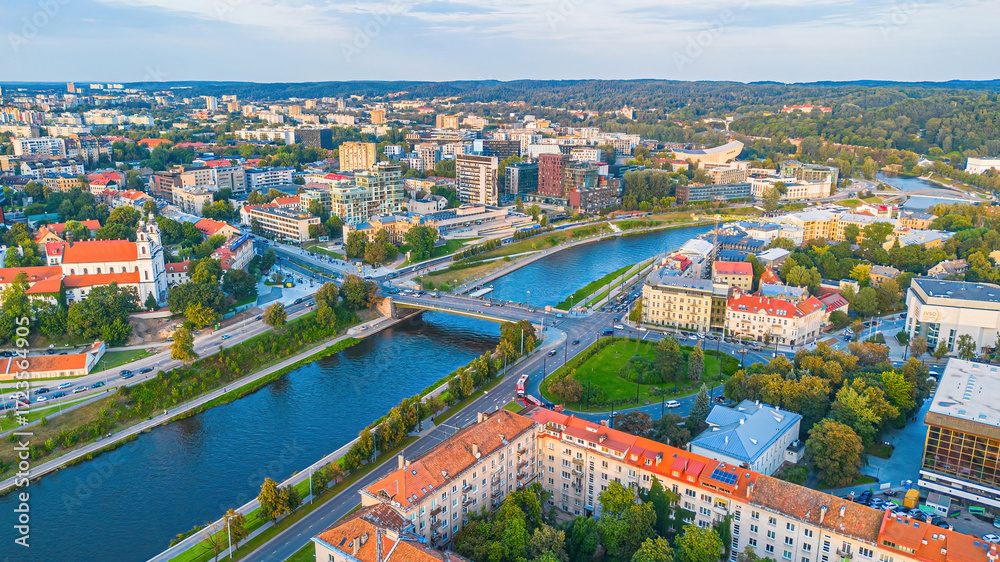 Naklejka premium Aerial view of the Green Bridge crossing the Néris river in Vilnius, the capital city of Lithuania in the Baltic States