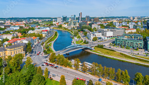 Aerial view of the Mindaugas Bridge crossing the Néris river in Vilnius, the capital city of Lithuania in the Baltic States