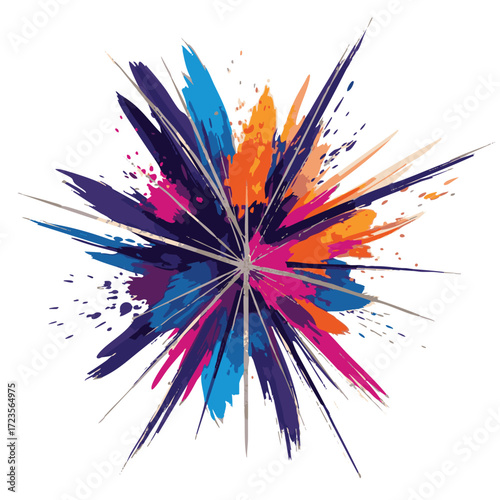 Colorful paint splash explosion with gold glitter accents. Abstract vector background of a vibrant color burst with brush strokes