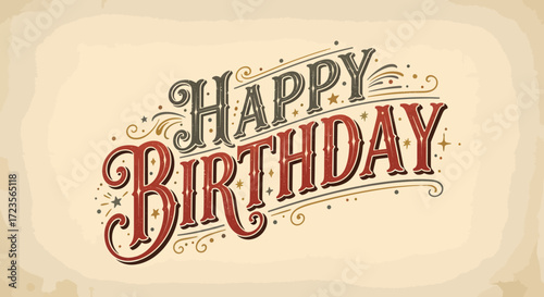 Vintage 'Happy Birthday' greeting with ornate, retro-style typography on a textured background.