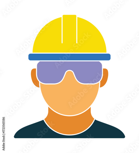 Construction worker icon with a hard hat and safety glasses. A flat design symbol for an engineer, builder, or industrial worker.