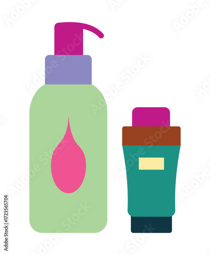 Cosmetic packaging icon with a lotion pump bottle and cream tube. A flat illustration for skincare, beauty, and self-care products.