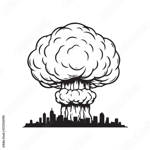 A stylized black and white drawing of a mushroom cloud nuclear explosion over a city skyline.