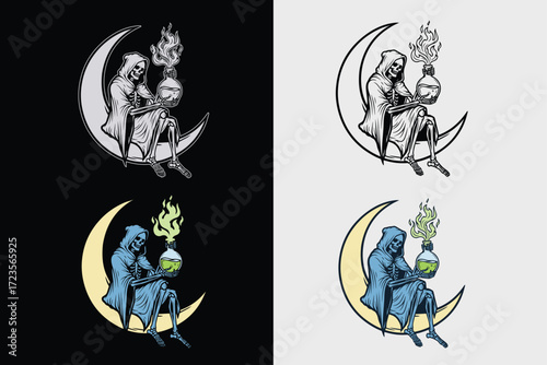 skeleton alchemist seated on a crescent moon vector illustration Black white