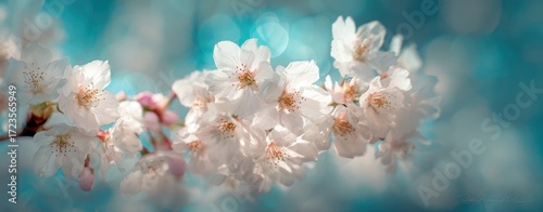 The cherry blossom branch with soft pastel bokeh background in warm sunlight