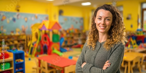 The engaging teacher in a vibrant preschool classroom filled with laughter and learning.