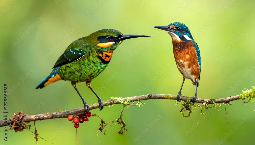 Fototapeta premium Two colorful avian creatures, perched on a tree branch, engage in a visual interaction. A vibrant scene, with blurred green background