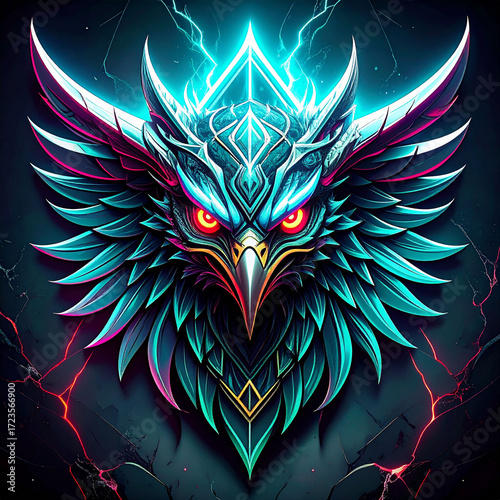 the image is a digitally created portrait of a bird like creature, facing forward with a dark background. the creature has feathery detailing and symmetrical shapes that suggest a stylized design