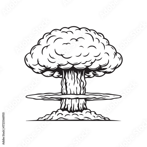 Black and white vector illustration of a mushroom cloud, depicting a nuclear explosion with a distinct shape.