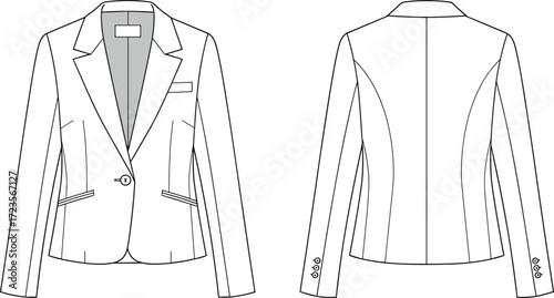 Women’s blazer fashion illustration, technical flat sketch front and back, tailored jacket design, notched lapel, single button closure, princess seams, garment construction,