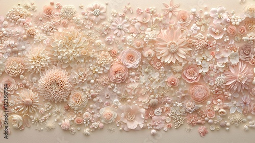 Vintage floral wallpaper with peonies, chrysanthemums and dahlias, close - up of pastel blooms
