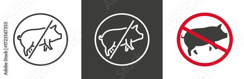 flat and linear set icons, pork ban icon, no pig meat sign, forbiden simple symbols on white and black background - editable stroke vector illustration