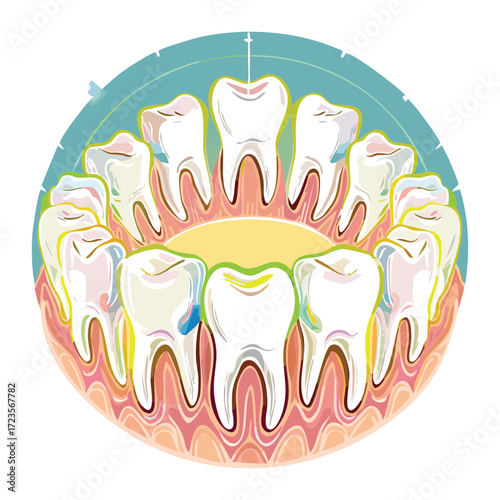 Circular diagram illustrating the arrangement and different types of adult permanent teeth in the human mouth	