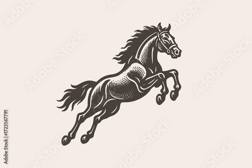 Jumping horse engraving style brown on beige vector illustration