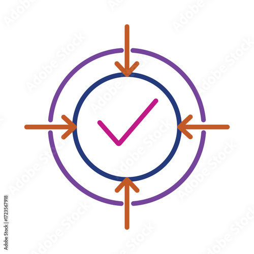 Successful goal achievement icon with a target and check mark. A symbol for a completed mission, focus, and validated objectives.