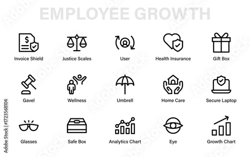 Employee growth, health, and wellness line icons featuring charts, justice, shield, invoice, and insurance symbols for finance, law, and care design