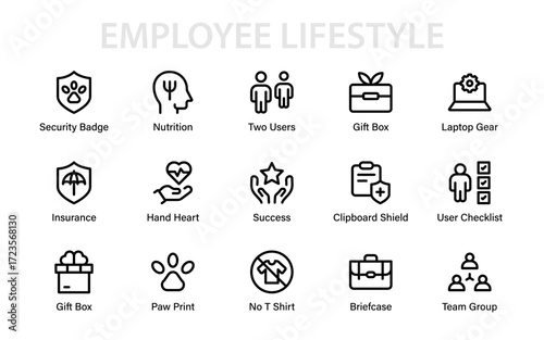 Employee lifestyle and business icons set featuring gift, paw print, team, insurance, checklist, security badge, nutrition, laptop gear, and more