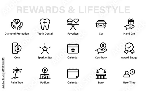 Modern premium rewards and lifestyle line icons with banking, calendar, award, gift, dental, travel, security, and finance elements