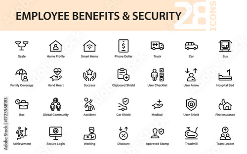 Employee benefits, insurance, healthcare, achievement, security, and workplace service line icons – modern minimal set for HR, office, and business use