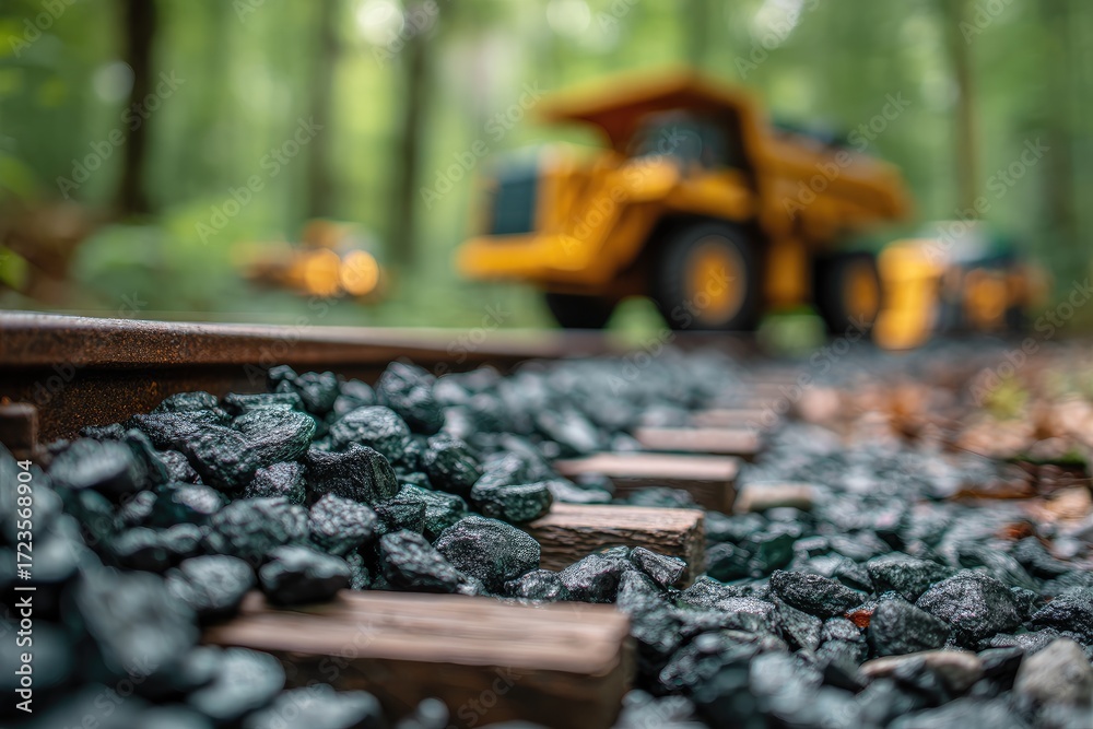 Naklejka premium Close-up of railway tracks, gravel ballast, and a blurred yellow dump truck in a forest