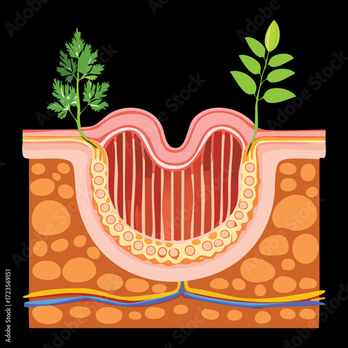 Conceptual diagram illustrating the intestinal villi as a landscape of tiny growths, emphasizing nutrient uptake function	