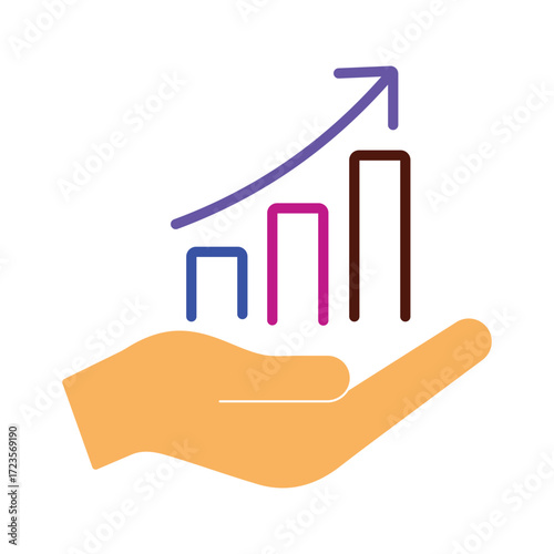 Business growth and investment success icon. A hand holding a rising bar chart, symbolizing financial progress and profit.