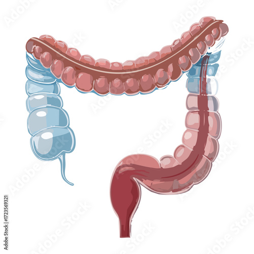 Anatomical diagram of the large intestine (colon), showing its distinct shape and connection points within the lower abdomen	