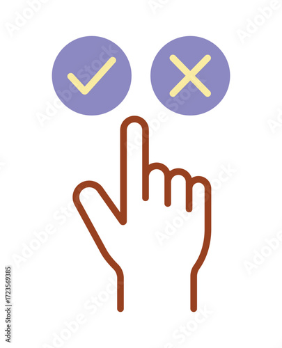 Hand icon making a choice between yes and no buttons. A symbol for decision-making, approval, and rejection.