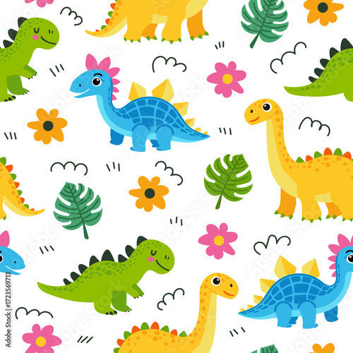 Dino vector pattern. Cute seamless pattern with colorful cartoon dinosaurs, tropical leaves and flowers on white background. Perfect dino illustratration for kids textiles, wallpapers, designs