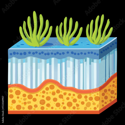 Magnified view of the inner lining of the colon, showing the microscopic structure of the mucosal layer and crypts	